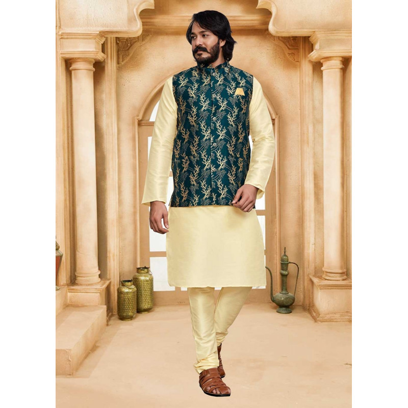 Cream Art Silk Gold Weaving Designer Kurta Pajama With Jacket AF2304992